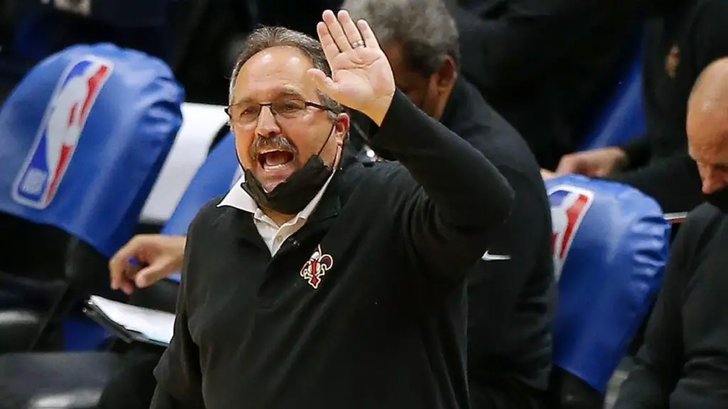 Former New Orleans Pelicans head coach Stan Van Gundy reacts to a call during the second half against the Brooklyn Nets