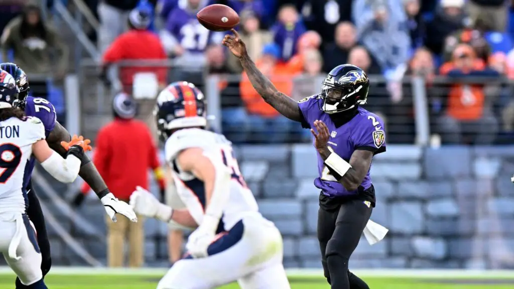 Baltimore Ravens quarterback Tyler Huntley throws a pass against the Denver Broncos
