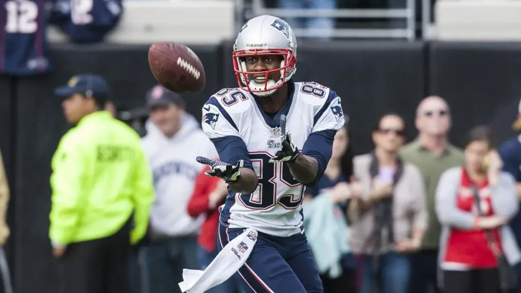 Former New England Patriots wide receiver Brandon Lloyd catches the ball during an NFL game against the Jacksonville Jaguars