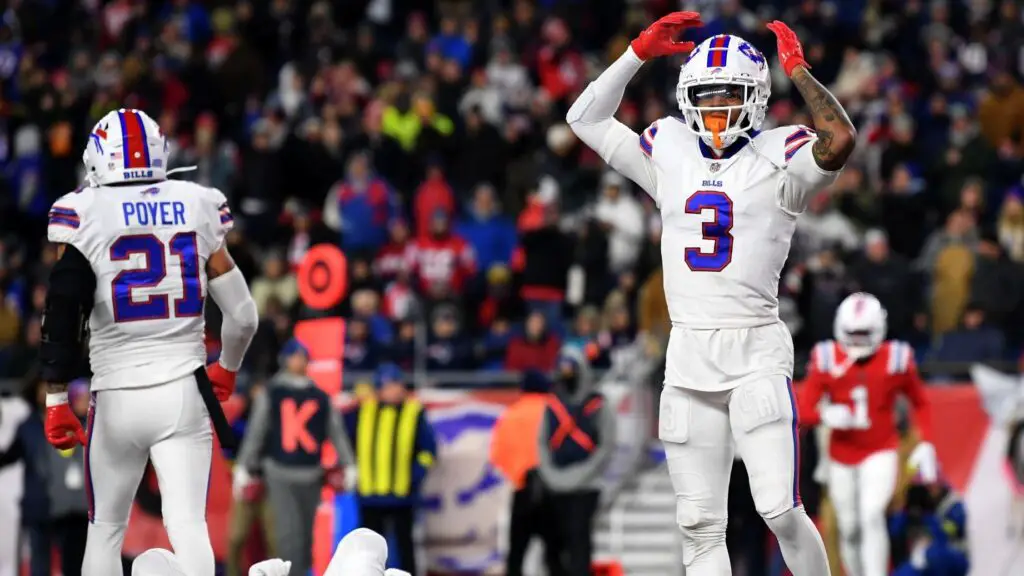 Buffalo Bills defensive back Damar Hamlin and fellow safety Jordan Power react after breaking up a pass intended for wide receiver Jakobi Meyers against the New England Patriots in the fourth quarter