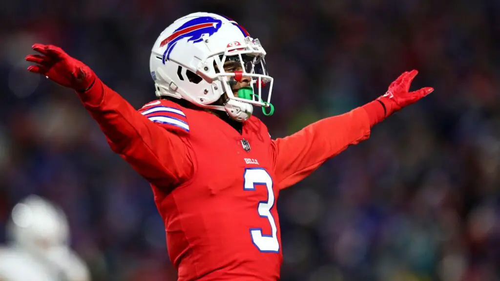 Buffalo Bills defensive back Damar Hamlin celebrates after making a play during the first quarter of the NFL game against the Miami Dolphins
