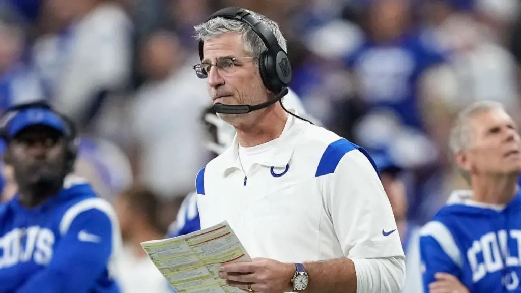 Former Indianapolis Colts head coach Frank Reich looks on in the fourth quarter against the Washington Commanders