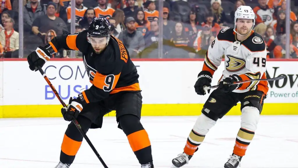 Philadelphia Flyers defenseman Ivan Provorov skates with the  puck past Mark Jones against the Anaheim Ducks during the third period