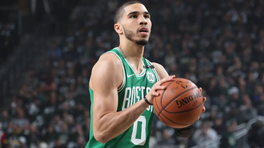 Boston Celtics star Jayson Tatum shoots a free throw against the Milwaukee Bucks during Game Five of the Eastern Conference Semifinals of the 2019 NBA Playoffs