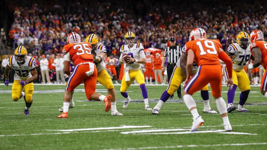 LSU Tigers quarterback Joe Burrow fades back for a pass during the College Football Playoff National Championship Game against the Clemson Tigers