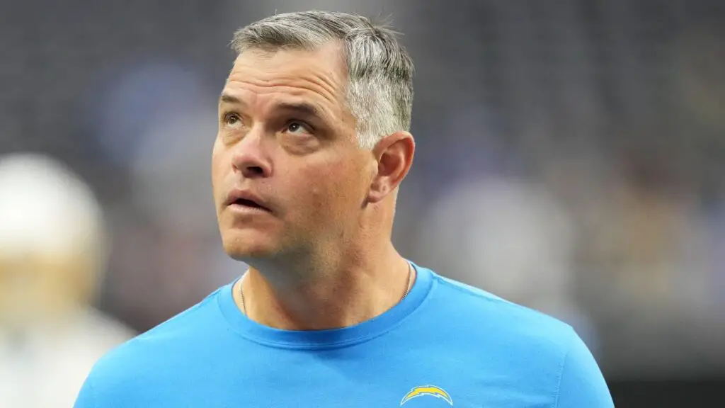 Former Los Angeles Chargers offensive coordinator Joe Lombardi looks on prior to a game against the Las Vegas Raiders