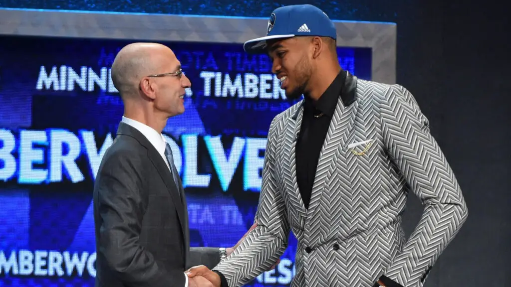 Former Kentucky Wildcats center Karl-Anthony Towns poses for a portrait with Adam Silver during the 2015 NBA Draft