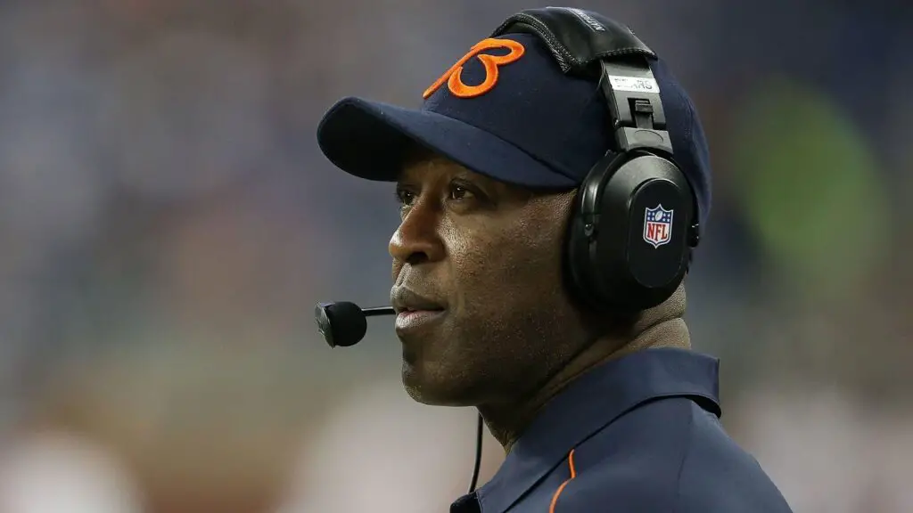Former Chicago Bears head coach Lovie Smith watches the action during the game against the Detroit Lions
