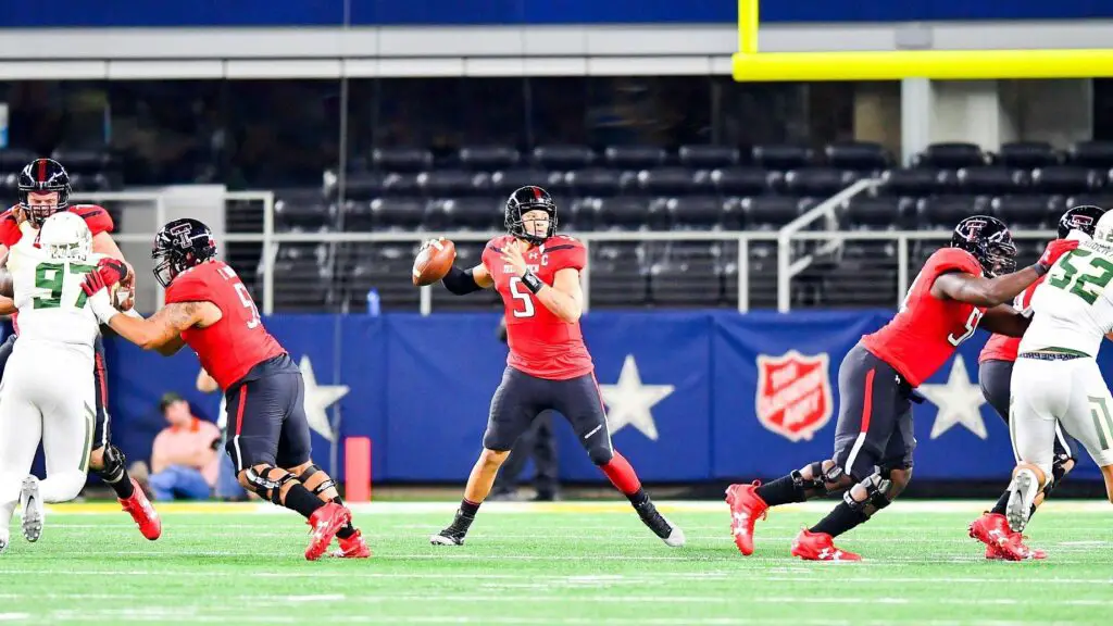 Former Texas Tech Red Raiders quarterback Patrick Mahomes II looks to throw a pass during the first half against the Baylor Bears