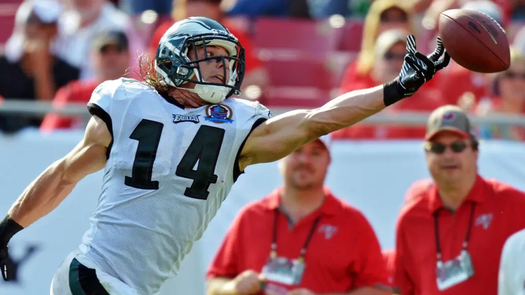 Philadelphia Eagles wide receiver Riley Cooper tries to make a one-handed catch during the game against the Tampa Bay Buccaneers