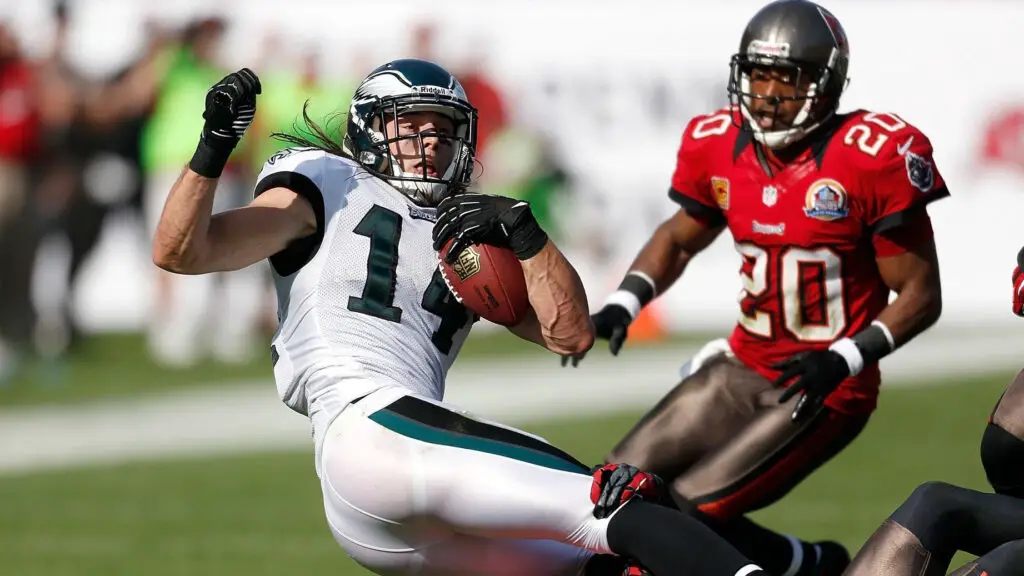 Philadelphia Eagles wide receiver Riley Cooper is being tackled by E.J. Biggers against the Tampa Bay Buccaneers after making a reception during their game