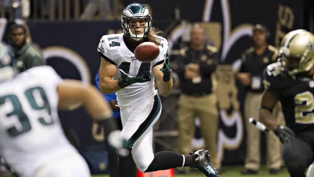 Philadelphia Eagles wide receiver Riley Cooper catches a pass thrown on a fake play on a kickoff during a game against the New Orleans Saints