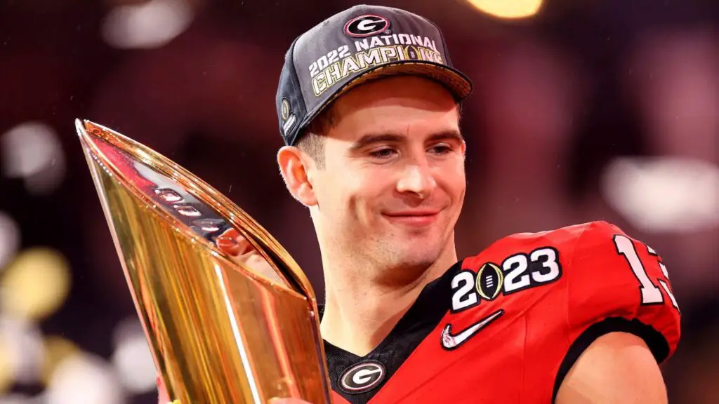 Former Georgia Bulldogs quarterback Stetson Bennett celebrates the Bulldogs’ win over the TCU Horned Frogs during the College Football Playoff National Championship