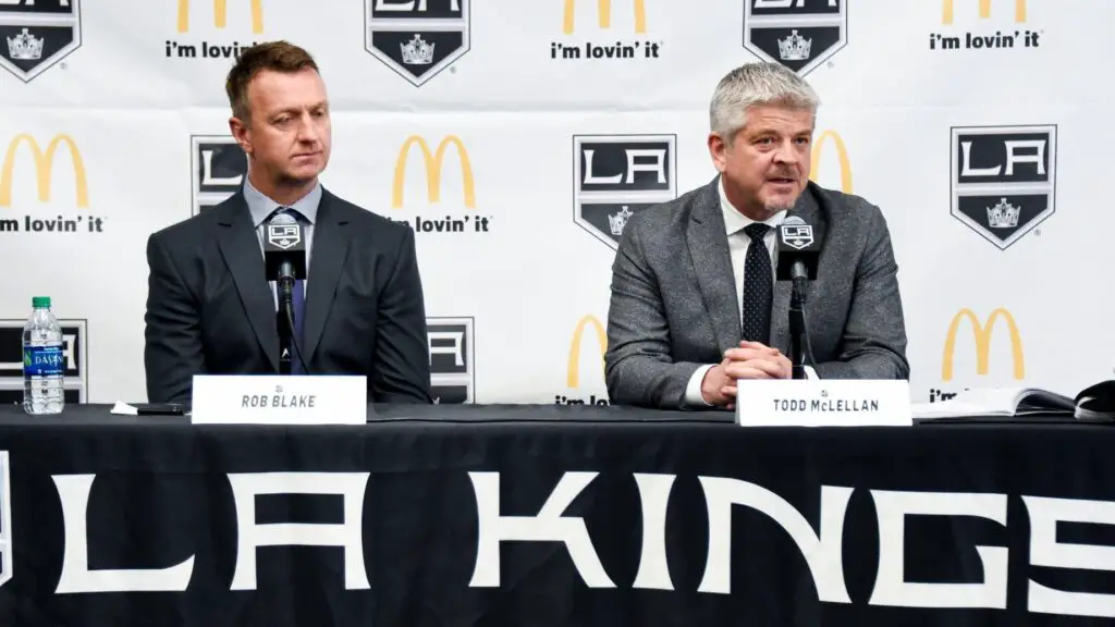 New Los Angeles Kings head coach Todd McLellan and general manager Rob Blake look on during a press conference introducing McLellan as the new head coach of the Kings at Toyota Sports Center