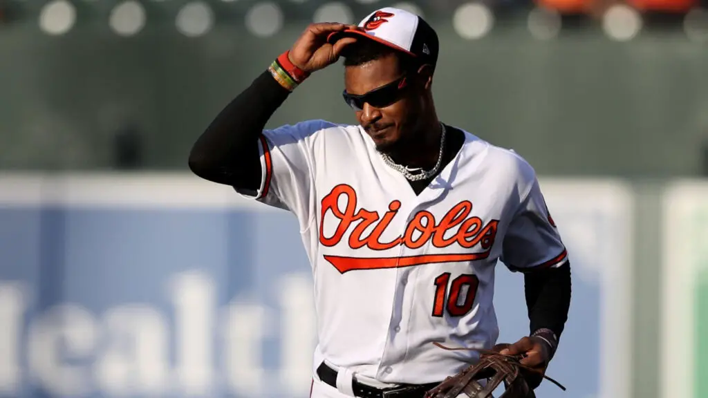 Former Baltimore Orioles outfielder Adam Jones waves to the crowd after being pulled from the game in the ninth inning against the Houston Astros
