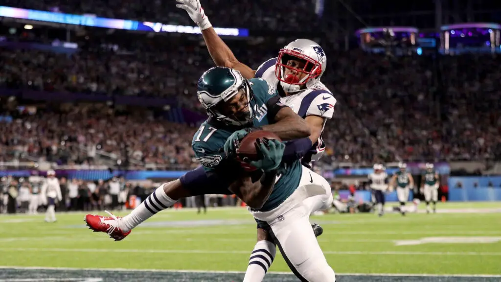 Philadelphia Eagles wide receiver Alshon Jeffery catches a 34-yard pass over Eric Rowe against the New England Patriots for a touchdown during the first quarter in Super Bowl LII