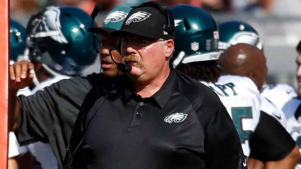 Former Philadelphia Eagles head coach Andy Reid directs his team against the Tampa Bay Buccaneers during the game
