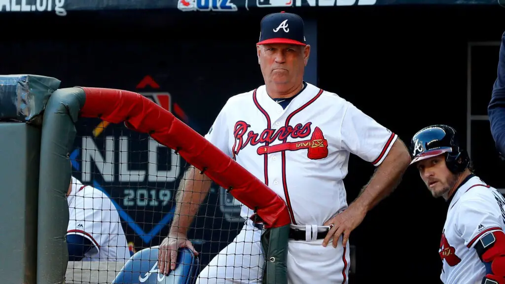 Atlanta Braves manager Brian Snitker reacts against the St. Louis Cardinals during the first inning in game five of the National League Division Series