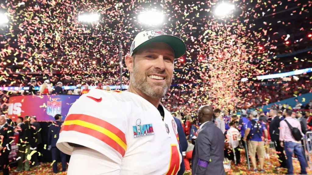 Former Kansas City Chiefs quarterback Chad Henne celebrates on the field in his final NFL game after the Chiefs defeated the Philadelphia Eagles 38-35 in Super Bowl LVII 