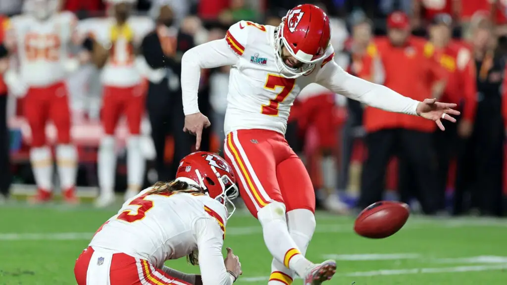 Kansas City Chiefs kicker Harrison Butker kicks the go-ahead field goal during the fourth quarter against the Philadelphia Eagles in Super Bowl LVII