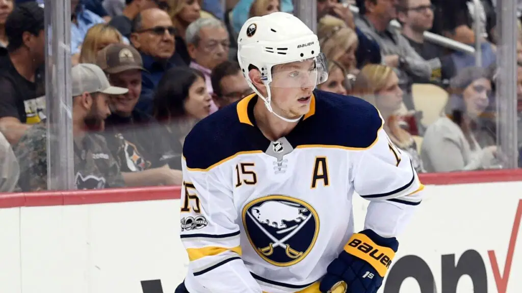 Buffalo Sabres center Jack Eichel handles the puck during the second period in the NHL preseason game between the Pittsburgh Penguins and the Buffalo Sabres