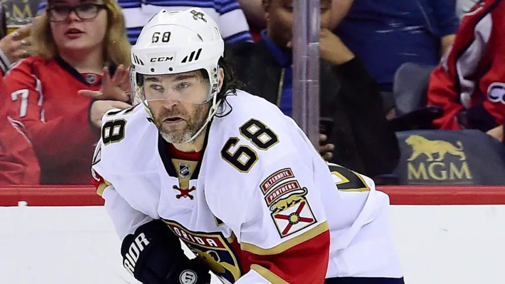 NHL legend Jaromir Jagr skates with the puck in the third period during an NHL game against the Washington Capitals 