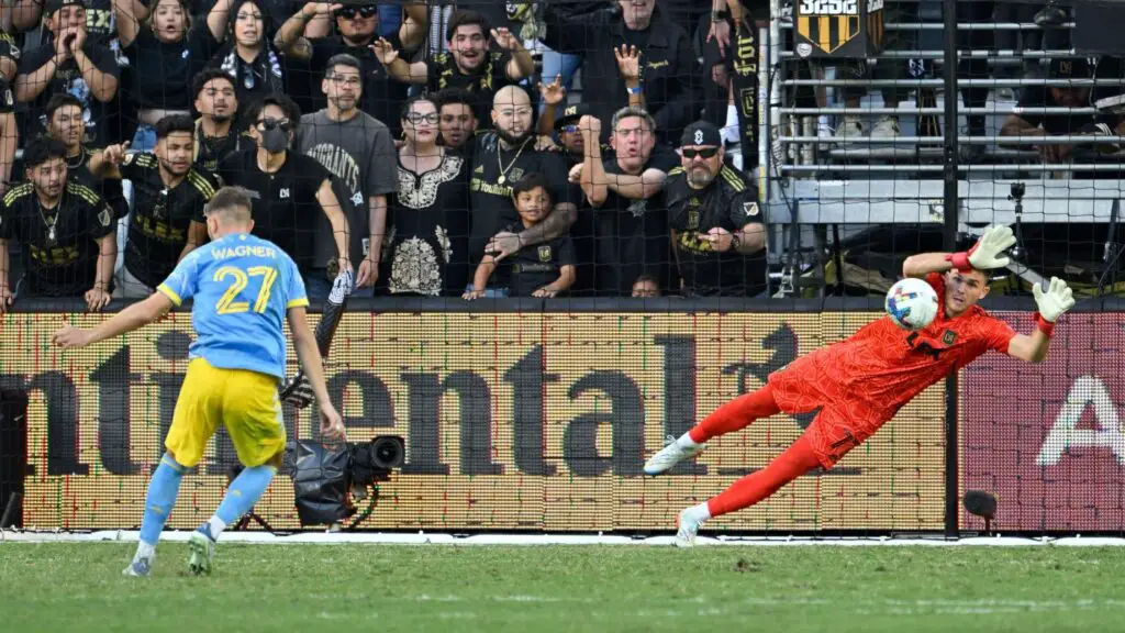 Los Angeles Football Club goaltender John McCarthy saves the penalty kick of Kai Wagner against the Philadelphia Union during the MLS Cup Final game