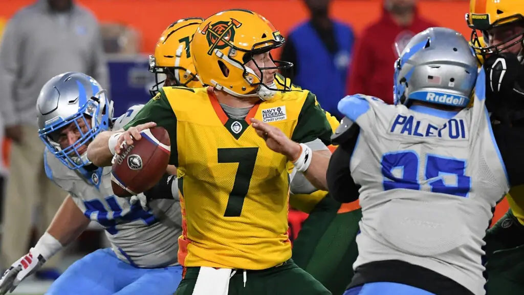 Arizona Hotshots quarterback John Wolford looks to throw the ball during the Alliance of American Football game against the Salt Lake Stallions