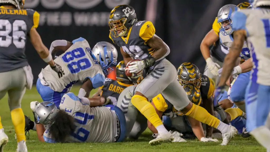 San Diego Fleet safety Jordan Martin runs with the ball after recovering a fumble in the first half of their Alliance of American Football game against the Salt Lake Stallions