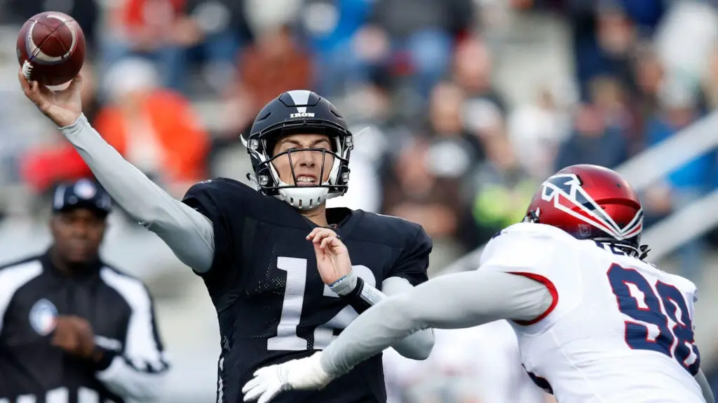 Birmingham Iron quarterback Luis Perez 
throws a pass during an Alliance of American Football game against the Memphis Express