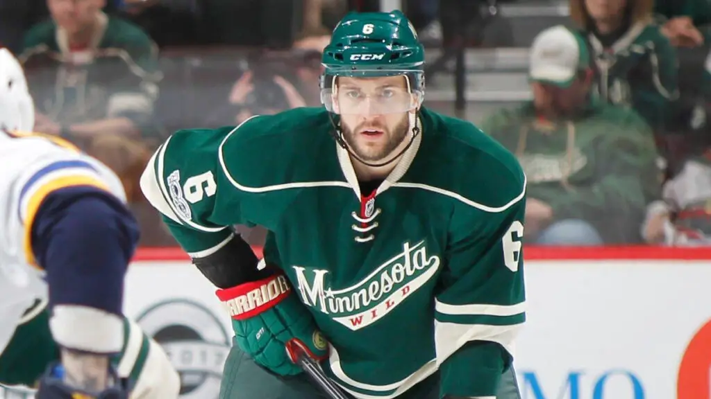 Minnesota Wild player Marco Scandella awaits a face-off against the St. Louis Blues in Game Five of the Western Conference First Round during the 2017 NHL Stanley Cup Playoffs