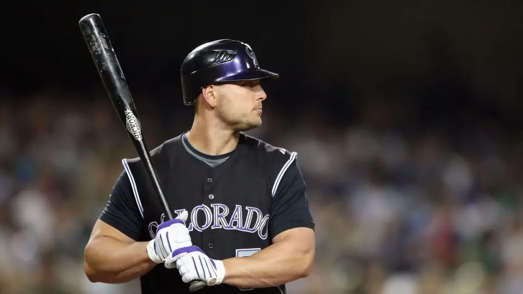 Former Colorado Rockies outfielder Matt Holliday at bat during the game against the Los Angeles Dodgers
