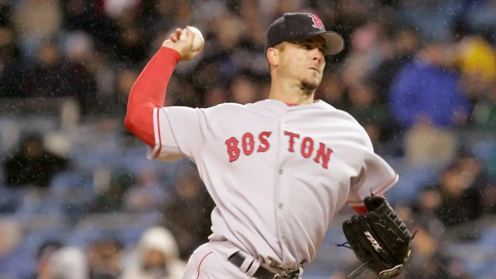 Former Boston Red Sox pitcher Matt Mantei 
delivers a pitch against the New York Yankees during the Yankee home opener