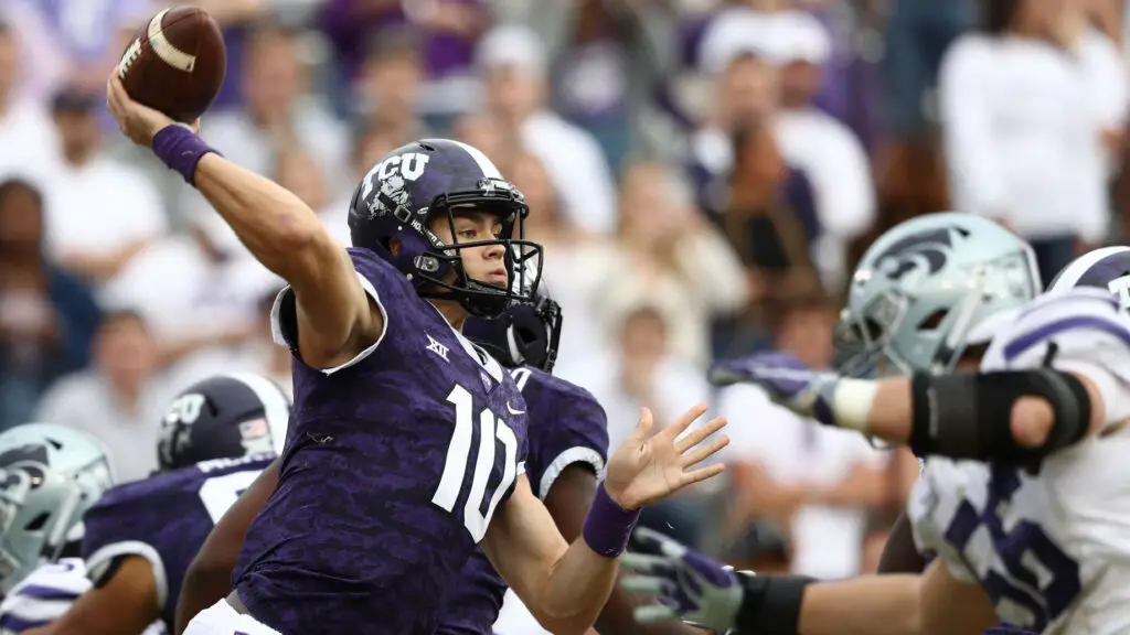 TCU Horned Frogs quarterback Michael Collins throws against the Kansas State Wildcats in the second half