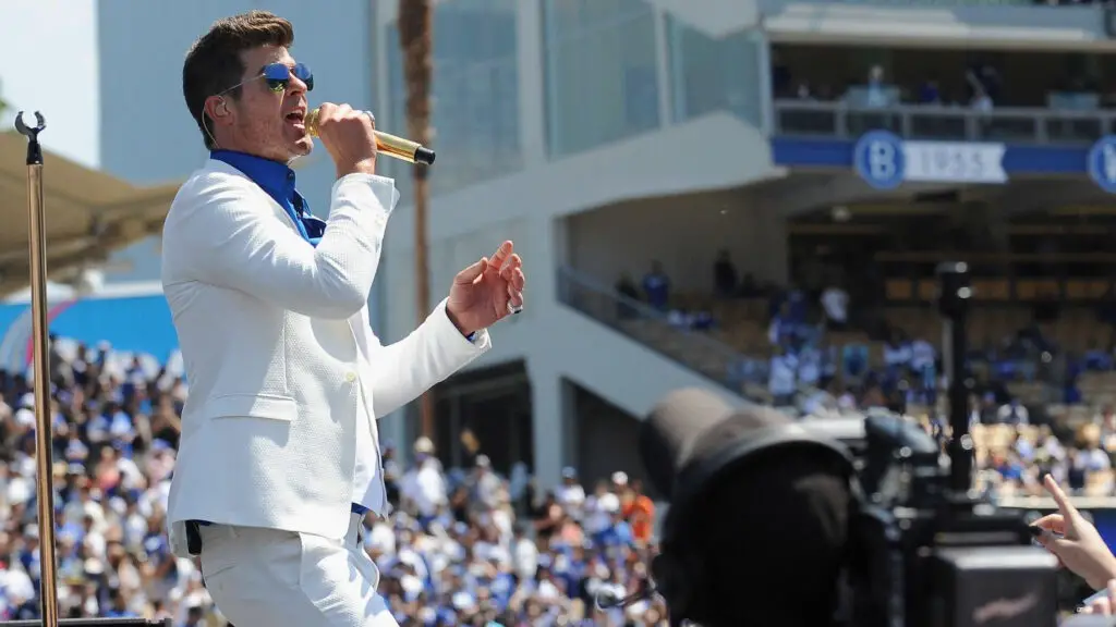 Singer Robin Thicke performs during Los Angeles Dodgers opening weekend