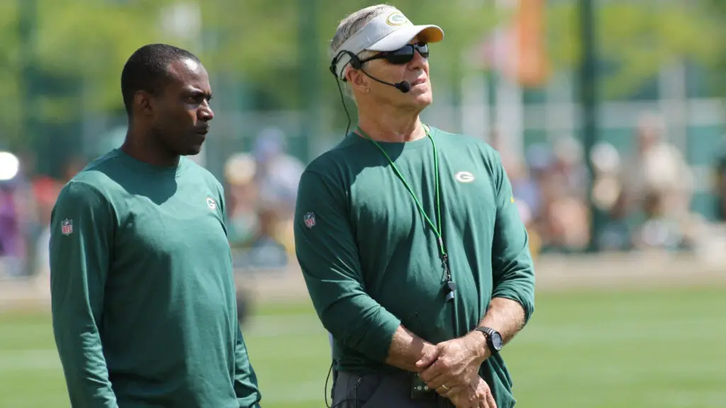 Green Bay Packers Special Teams coaches Ron Zook and Maurice Drayton watch during Green Bay Packers Training Camp at Ray Nitschke Field