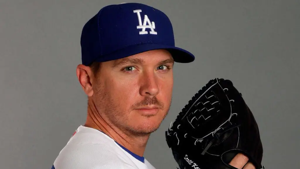 Former Los Angeles Dodgers pitcher Scott Kazmir poses on Los Angeles Dodgers Photo Day during Spring Training