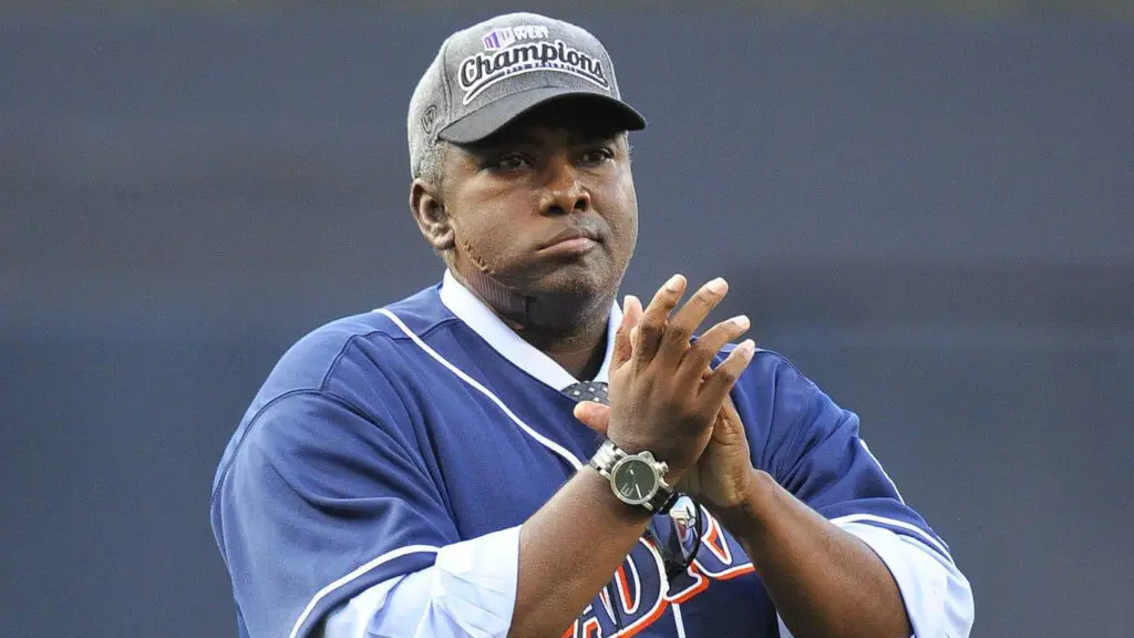 Former San Diego Padre great Tony Gwynn waves to the fans during a pre-game ceremony before a baseball game between the San Diego Padres and the Arizona Diamondbacks