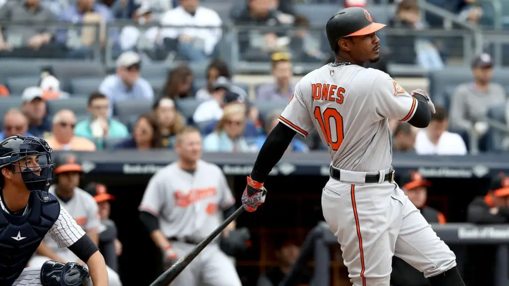 Baltimore Orioles outfielder Adam Jones hits an RBI single in the third inning against the New York Yankees