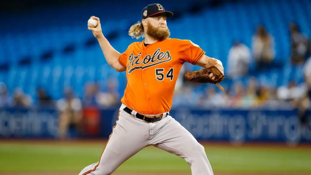 Former Baltimore Orioles pitcher Andrew Cashner throws a pitch against the Toronto Blue Jays in the second inning during their MLB game