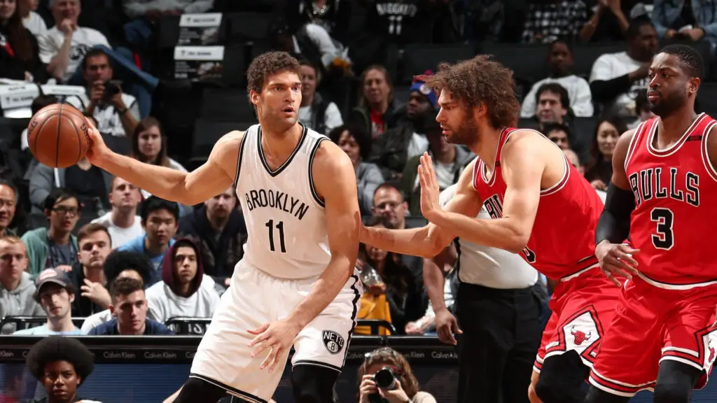 Former Brooklyn Nets center Brook Lopez handles the ball against the Chicago Bulls