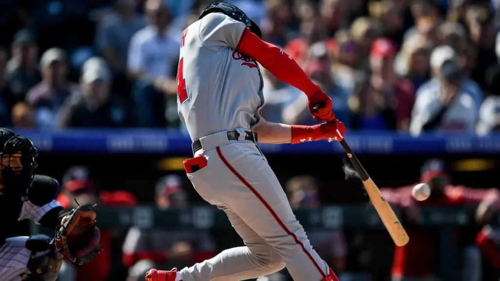 Washington Nationals star Bryce Harper doubles in the fourth inning of a game against the Colorado Rockies