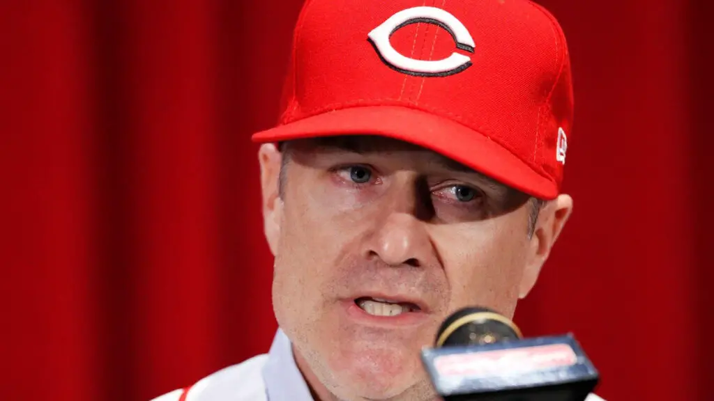 New Cincinnati Reds manager David Bell speaks to the media after being introduced as the team’s new bench leader at Great American Ball Park
