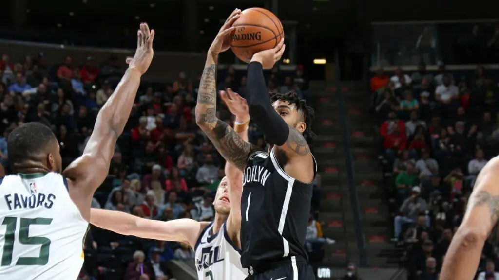 Brooklyn Nets star D'Angelo Russell shoots the ball against the Utah Jazz