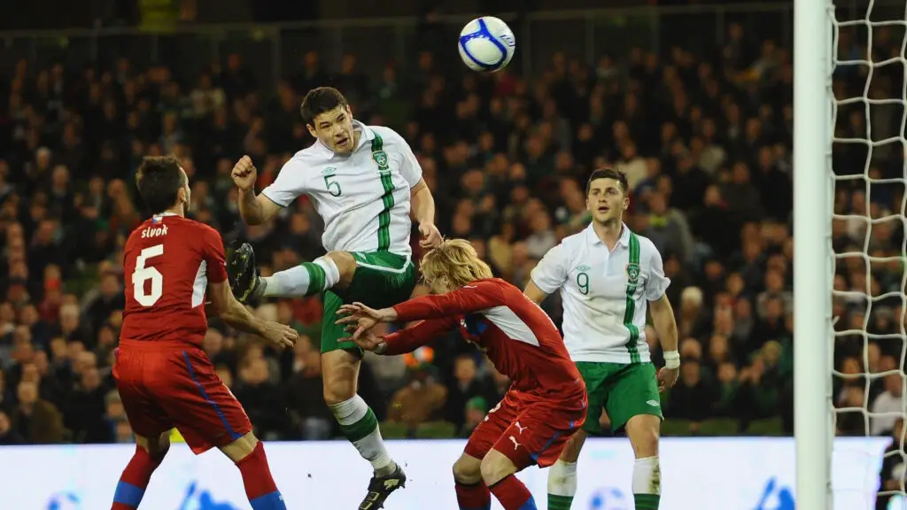 Republic of Ireland soccer player Darren O'Dea heads the ball towards the goal during the International Friendly match between the Republic of Ireland and the Czech Republic