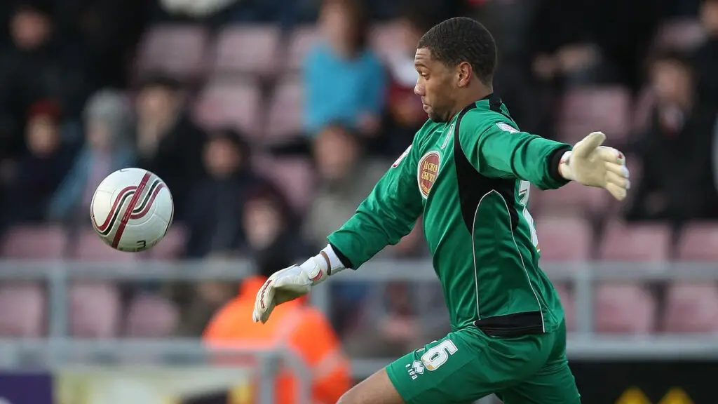 Northampton Town goaltender Freddy Hall prepares to kick the ball during the npower League Two match between Northampton Town and Southend United