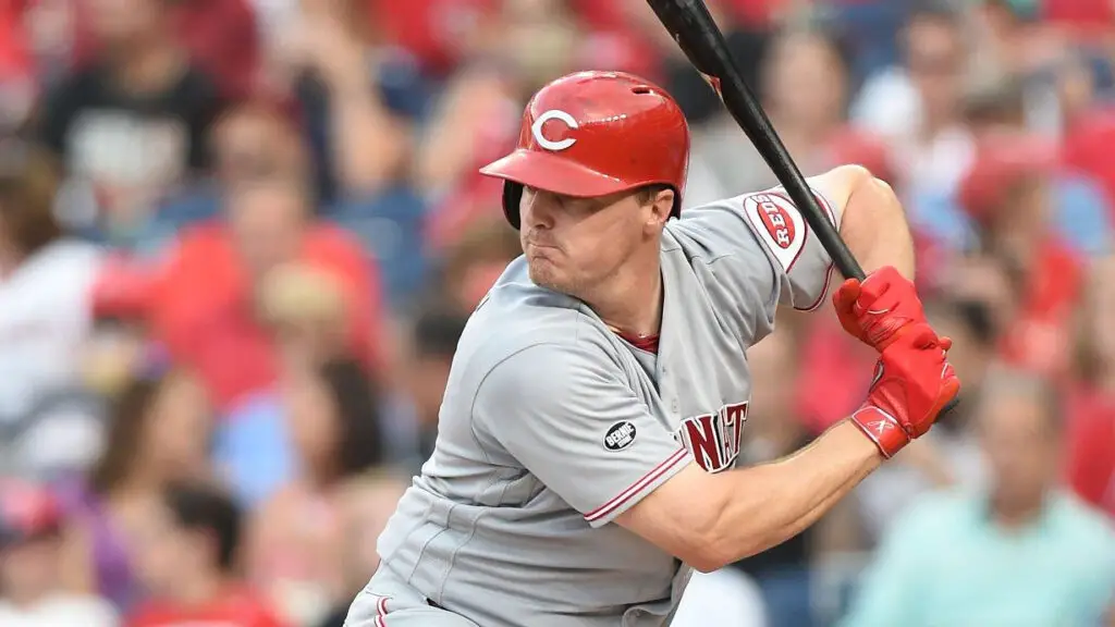 Cincinnati Reds outfielder Jay Bruce prepares for a pitch during a baseball game against the Washington Nationals