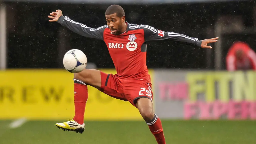 Toronto FC player Jeremy Hall controls the ball against the Columbus Crew