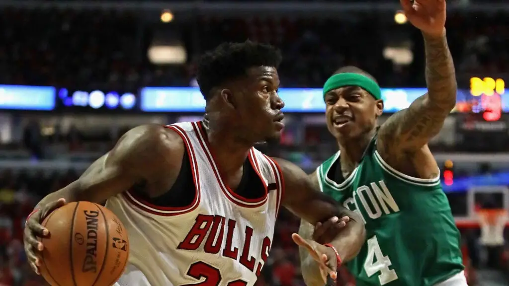 Chicago Bulls star Jimmy Butler drives to the basket against Isaiah Thomas against the Boston Celtics during Game Six of the Eastern Conference Quarterfinals during the 2017 NBA Playoffs