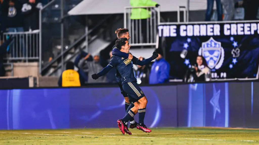 Philadelphia Union midfielder Joaquin Torres celebrates with his teammate after scoring the game-winning goal in the 90th minute against the Chicago Fire FC